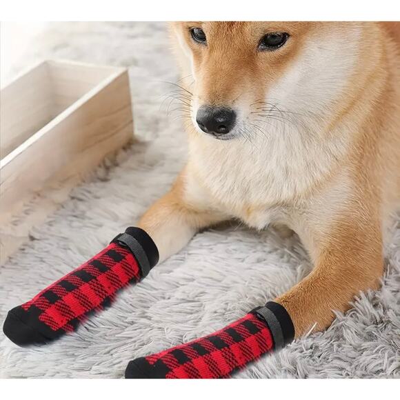 4-Piece Adjustable Non-Slip protective Dog Socks Plaid-Nylon/Cotton - Picture 4 of 8